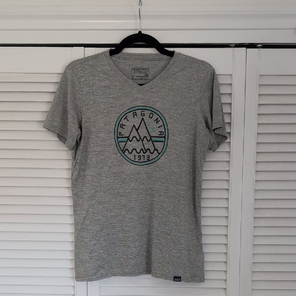 Patagonia Light Gray V-Neck Mountain Logo Tee